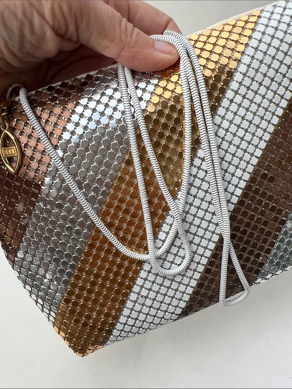 Vintage Warren Reed evening bag with diagonal stripe pattern metallic mesh